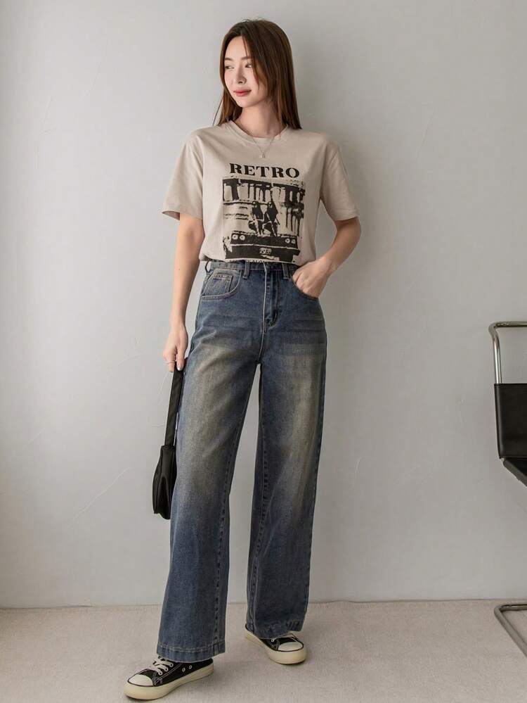 Loose Fit Short Sleeve T-Shirt With People And Letter Prints Summer,Graphic Tees Preppy Tops