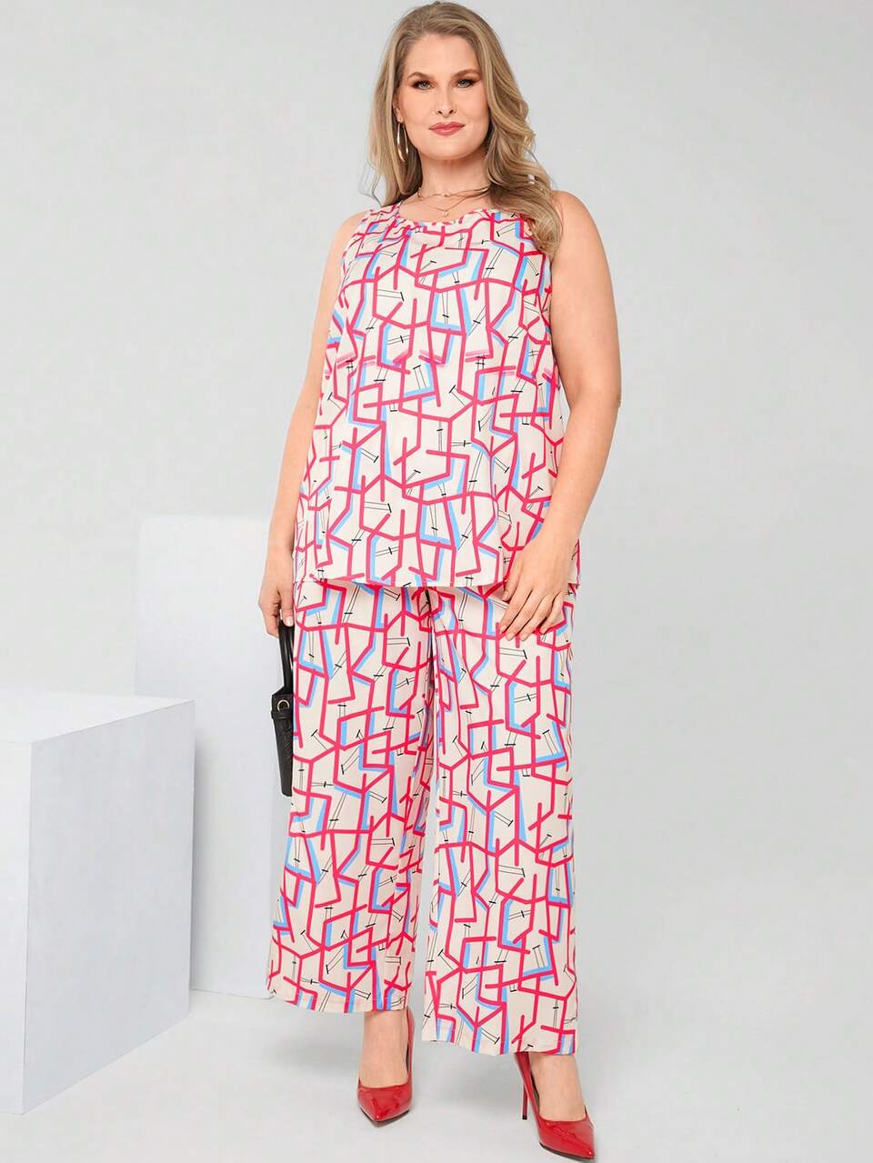 Plus Size Casual Geometric Print Camisole & Pants 2 Pieces Set, Elegant Women Clothes, Summer Outfits For Women/Summer, Summer Clothes, Modest Clothes
