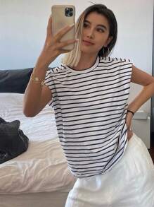 Livesso Camiseta De Cuello Redondo A Rayas Con Hombreras Para Ocasiones Casuales De Verano - Blanco y Negro - Ver 3