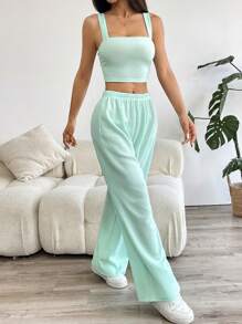 SHEIN EZwear 纯色短款吊带背心和阔腿裤两件套 - 薄荷綠 - 查看 3