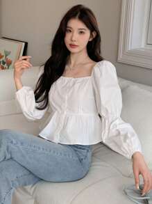 DAZY ملابس علوية نسائي بأكمام فانوس ذو لون واحد، توب بيبي دول بأكمام طويلة - أبيض - مشاهدة 6
