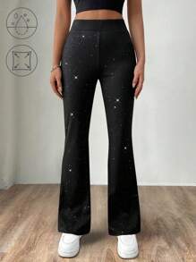 SHEIN LUNE Pantalon évasé avec ceinture à paillettes pour femme - Noir - Voir 1