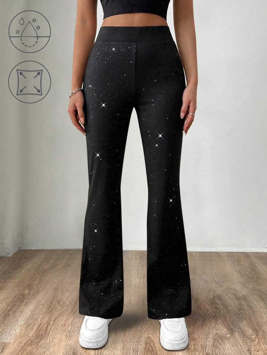 SHEIN LUNE Pantalon évasé avec ceinture à paillettes pour femme - Noir - Voir 1