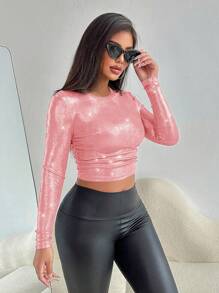 Zolique 时尚金属效果收腰短款 T 恤 - 珊瑚粉 - 查看 1