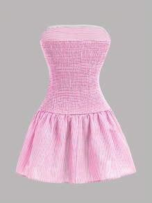 Girlism Gestreepte strapless geplooide taille A-lijn casual mini-jurk voor tienermeisjes, roze en wit, geschikt voor vakantie