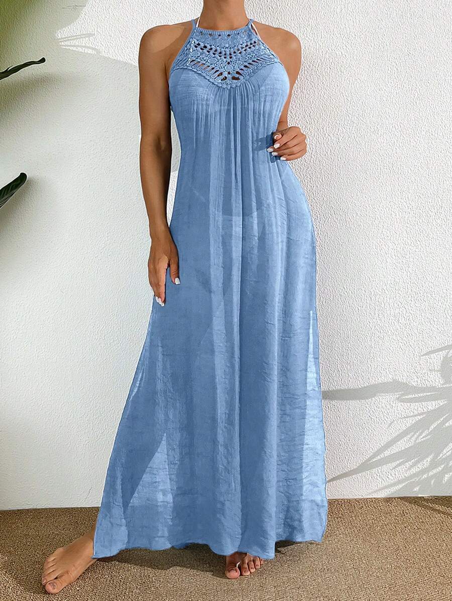 SHEIN Đầm dự tiệc hở cổ khoét sâu màu trơn cho nữ - Màu xanh nhạt - Xem 1