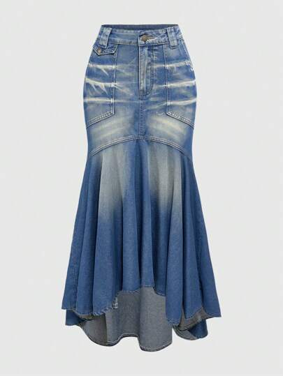 Kawaii Vintage Y2K Distressed Denim Maxi Skirt