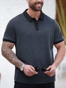 Manfinity Homme Plus Size Men's Casual Polo Shirt, Minimalist Fashion For Daily Wear - Black - View 5