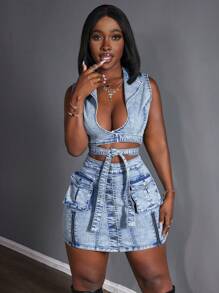 Slaydiva Women's Deep V-Neck Tied Waist Cargo Pocket Sleeveless Sexy Denim Overall Dress - Blue - View 5