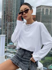 DAZY Solid Split Hem Drop Shoulder Tee Long Sleeve Women Tops