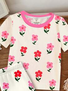 SHEIN Young Girl Floral Print Casual Minimalist Snug Fit Round Neck Short Sleeve Top And Long Pants Sleepwear, Suitable For All Seasons - Multicolor - View 5