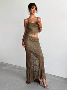 Aloruh Women's Spring/Summer Vacation Romantic St. Patrick's Day Lace Spaghetti Strap Ruffle Tank And Asymmetrical Ruffle Hem Bodycon Skirt 2 Pieces Set - Dark Green - View 7