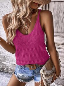 EMERY ROSE Vacation Casual Solid Color Textured Camisole Knit Top - Purple - View 3