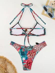 SHEIN Swim Vcay 女士性感豹纹比基尼套装，随机花卉印花系带吊带泳装 - 水鴨藍 - 查看 2