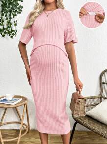 SHEIN Pregnant Women 2pcs Casual Loose Short Sleeve Solid Color Sweater & Knit Skirt Set - Pink - View 3