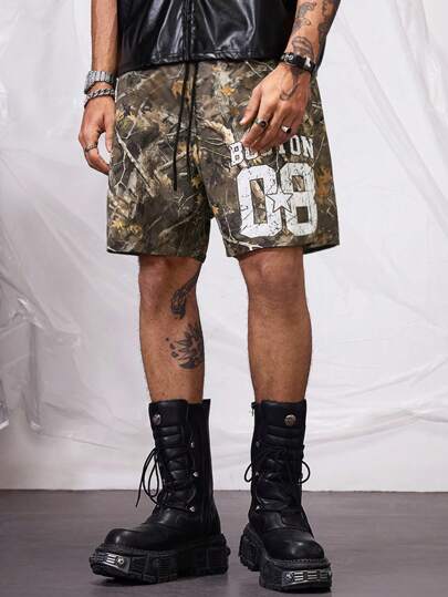 Manfinity VCAY Pantalones cortos de baloncesto de pierna recta y holgados con estampado digital de rayas para hombres