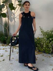 DAZY 1 Stück Damen Midi-Kleid mit verstellbaren Trägern und einfarbigem Design, Sommerkleid, Herbstmode