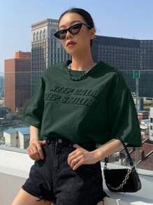 DAZY Slogan Pattern Drop Shoulder Tee KEEP CALM KEEP SMILING Oversized T-Shirt - Dark Green - View 3