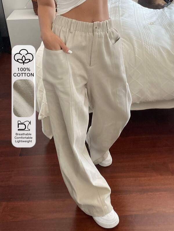 Livesso Pantalones rectos con cintura elástica de unicolor y parches