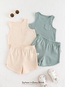 Cozy Pixies 4pcs Baby Boy Set - Solid Color Knitted Soft Round Neck Sleeveless Vest And Elastic Waist Shorts