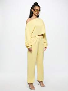 SUMWON WOMEN 露肩短款运动衫休闲居家运动健身上衣秋冬街头风套头衫运动休闲装 - 黃色 - 查看 4