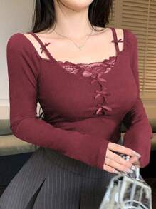 DAZY Lace Splice 2 In 1 Fitted Women Tee Long Sleeve Women Tops,Fall Women Clothes - Burgundy - View 2