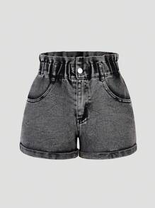 SHEIN Shorts vaqueros sueltos con cordón en la cintura para niñas preadolescentes, pantalones cortos de mezclilla con estilo casual y lavado de moda tipo streetwear