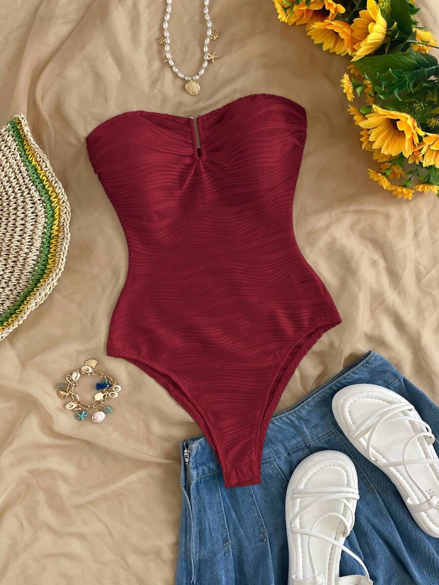 Soleia 白色纹理金属点缀紧身胸衣，适合海滩、度假 - 酒紅色 - 查看 1