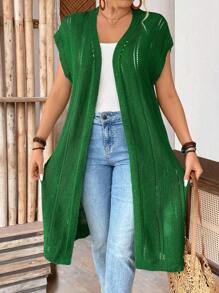 SHEIN LUNE 大码女式无袖镂空长款开衫，轻便，休闲，适合度假、通勤和圣帕特里克节，春夏季 - 綠色 - 查看 4