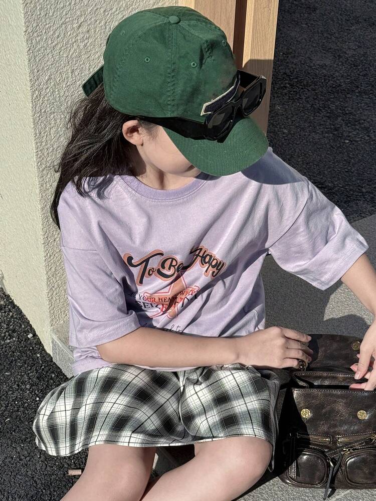 Tween Girl Slogan & Star Print Round Neck Drop Shoulder Casual T-Shirt