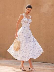 Aveloria Rosie Elegancka, francuska sukienka w stylu kurortowym z szyfonu w bloki kolorów, kwiatowy nadruk, marszczona, z warstwowymi rękawami i ściągaczem w talii, w kształcie litery A, dla kobiet, w stylu boho, na wakacje, w modnym stylu, z nadrukiem na całej powierzchni, na lato - Niebieski - Zobacz 1