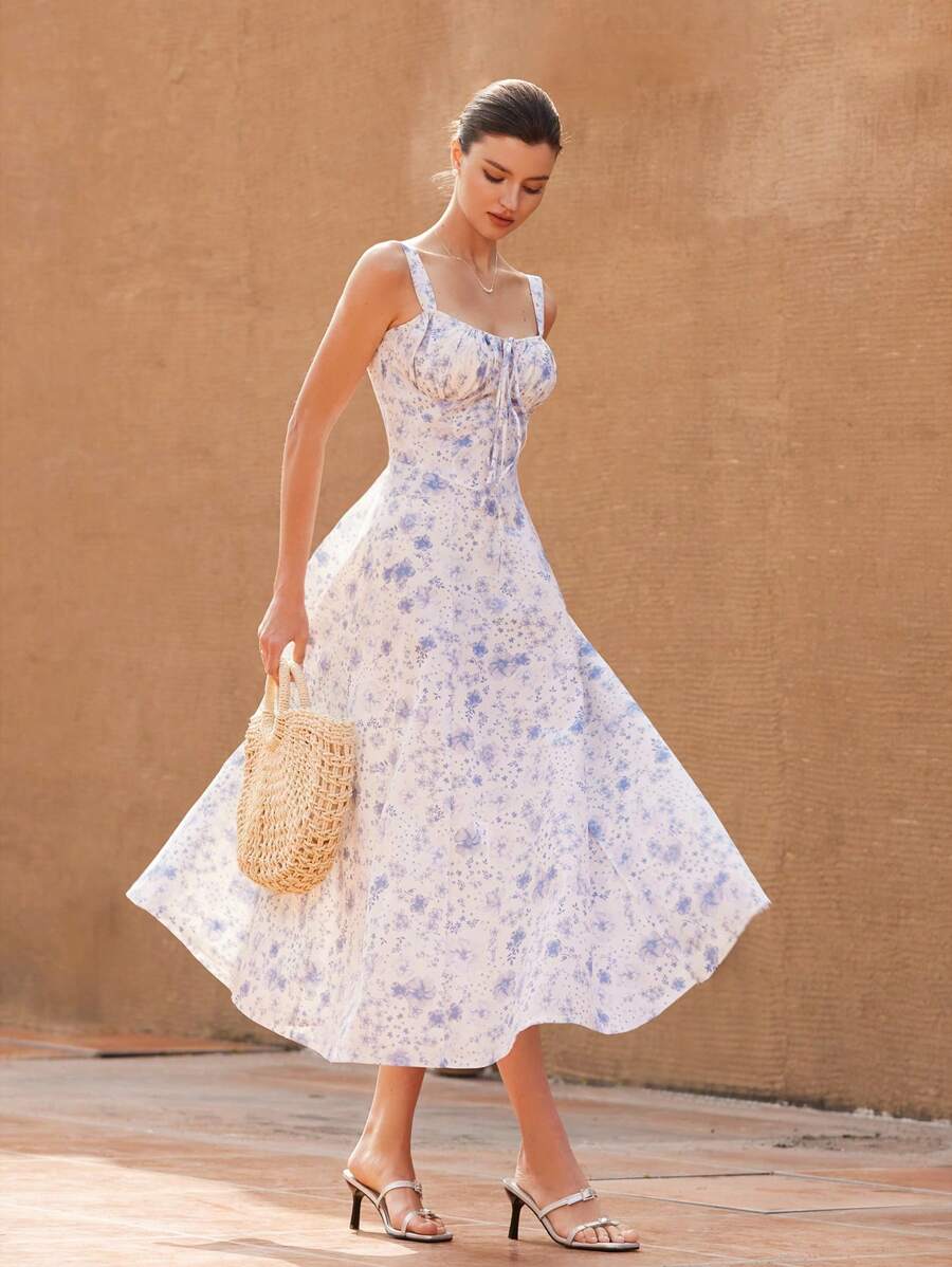 Aveloria Rosie Elegancka, francuska sukienka w stylu kurortowym z szyfonu w bloki kolorów, kwiatowy nadruk, marszczona, z warstwowymi rękawami i ściągaczem w talii, w kształcie litery A, dla kobiet, w stylu boho, na wakacje, w modnym stylu, z nadrukiem na całej powierzchni, na lato - Niebieski - Zobacz 1