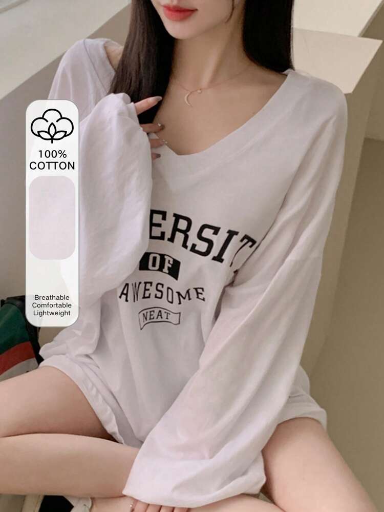 Letter Printed V-Neck Long Sleeve Drop Shoulder T-Shirt Sheer,Fall Women Clothes