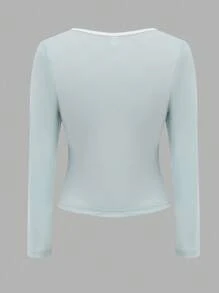 SHEIN Tween Girl 休闲百搭优雅短长袖撞色蝴蝶结 T 恤，适合户外和校园穿着，春季、夏季、秋季