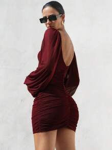 SHEIN Privé Elegant Chiffon Ruched Bodycon Dress With Unique Neckline Design, Long Sleeve Mini Dress For Women