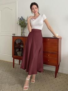 DAZY 女士优雅百搭缎面中长裙 - 酒紅色 - 查看 5