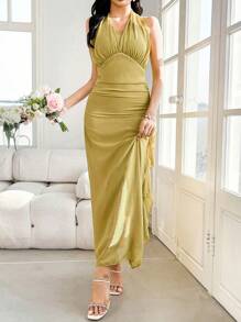 Modelyn Women's Sleeveless V-Neck Pleated Dress With Stylish Design - Yellow - View 6