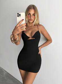 Aloruh 女款優雅性感黑色夏季性感時尚夜店針織迷你緊身洋裝，Y2K少女細肩帶洋裝，適合派對、音樂節、約會、畢業典禮 - 黑色 - 查看 3