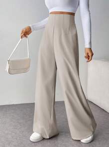 SHEIN Tall CURVE 大码女式简约休闲时尚高腰纹理阔腿裤，适合通勤