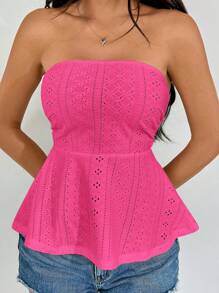 SHEIN EZwear Eyelet Embroidery Solid Ruffle Hem Tube Top - Hot Pink - View 5