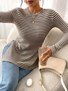 SHEIN Frenchy 女士条纹圆领长袖休闲T恤，侧开衩下摆，修身版型 - 卡其色 - 查看 5