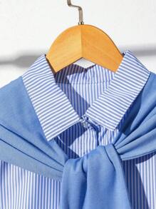 2pcs Tween Girl Striped Long Sleeve Shirt And Wide Leg Pants With Shawl Casual Set - Blue - View 3