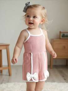 女婴春夏粉色可爱公主蝴蝶结连体衣，时尚女宝宝服装 - 西瓜粉 - 查看 6