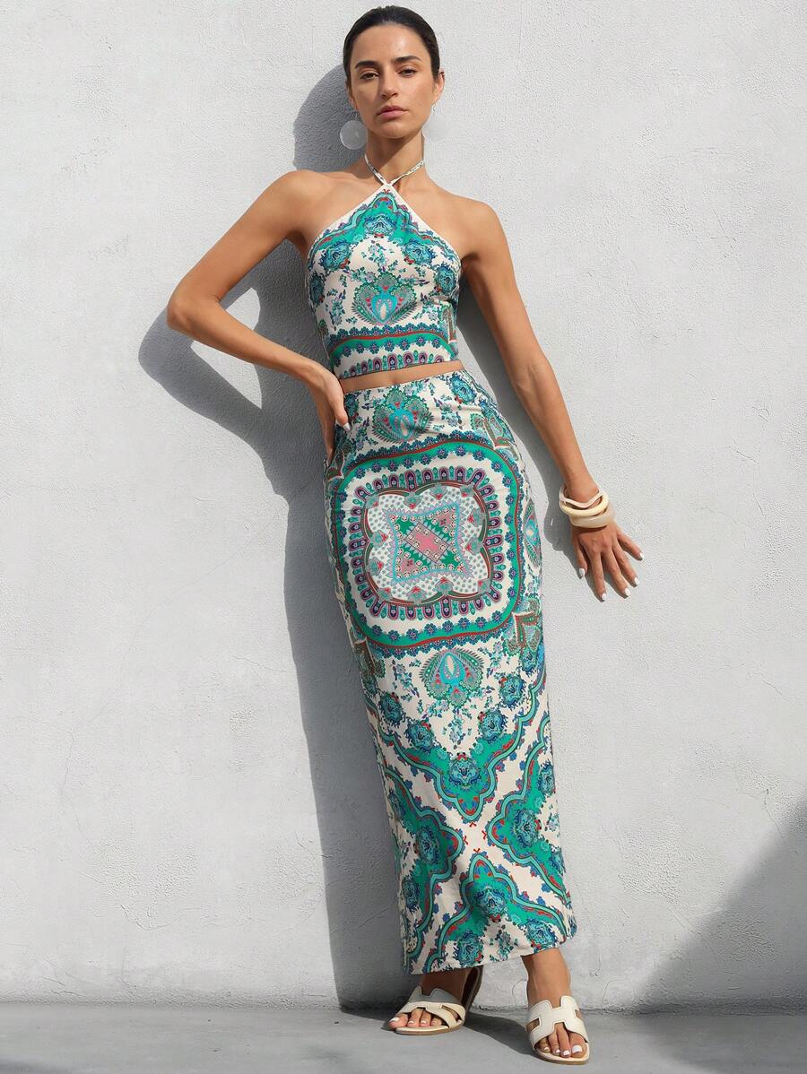 Aveloria Modichic Conjunto de top corto acanalado y falda recta de cintura alta extra larga, diseño distintivo y de moda impreso, ideal para vacaciones