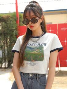 DAZY Scenery & Slogan Graphic Contrast Trim Tee, SUNSET GLOW VACATION EVERY MOMENT INSPIRE YOU ORIGINAL PLAYGROUND INTERNATIONAL,Crop Tops Women - Light Grey - View 6