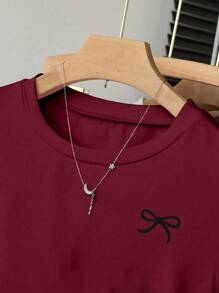 SHEIN Conjunto informal de 3 piezas para adolescentes que incluye camiseta con volantes en la cintura y estampado de moño