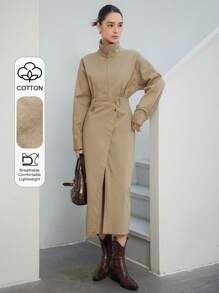 DAZY Khaki,Autumn,Elegant,Office Oversized Minimalist Asymmetrical Design Cinched Waist Shirt Dress With High Slit,Mid-Length Business Casual Work Clothes - Khaki - View 11