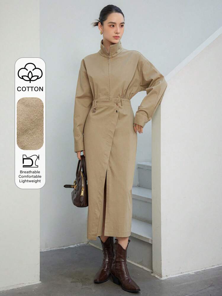 Oversized Minimalist Asymmetrical Design Cinched Waist Shirt Dress With High Slit For Women, Mid-Length, Fall Clothes Business Casual Woman Work Clothes Long Sleeve Dress