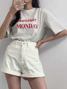 Dazy-Less 字母图案T恤夏季商务休闲女士工作服 - 淺灰色 - 查看 6