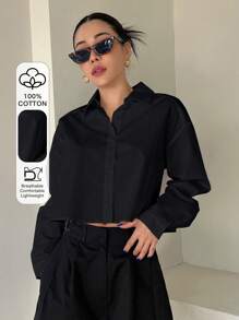 DAZY 纯色翻领短款女式长袖衬衫，返校服装短款女式上衣